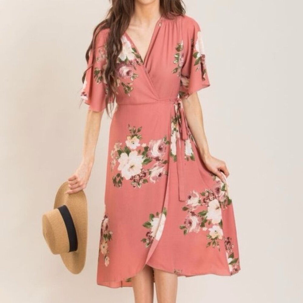 Twik Floral Wrap Dress Pink Rust Midi Size L